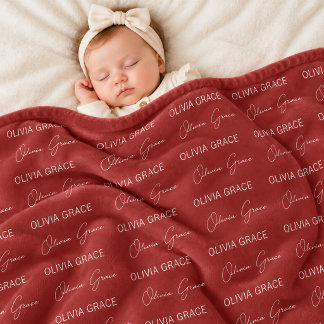 Personalised Red Baby Name Pattern Nursery Blanket