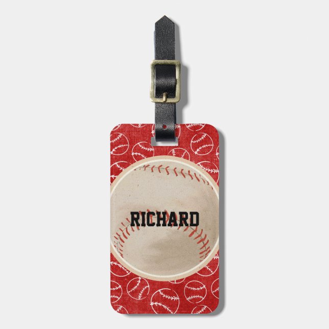 Personalised Red Baseball Pattern with Baseball Luggage Tag (Front Vertical)