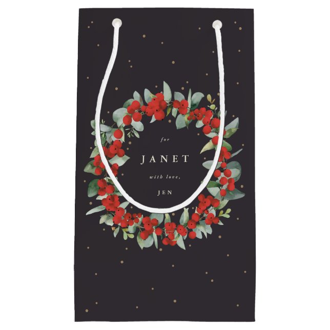 Personalised Red Berry+Eucalyptus Christmas Small Gift Bag (Front)