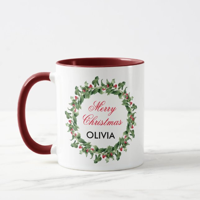 Personalised Red Berry Holly Christmas  Mug (Left)