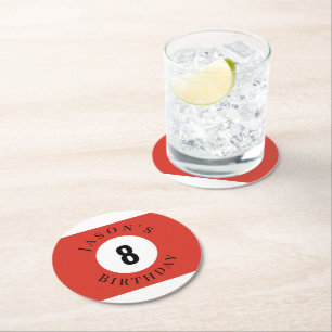 Personalised Red Billiard Pool Ball Birthday  Round Paper Coaster