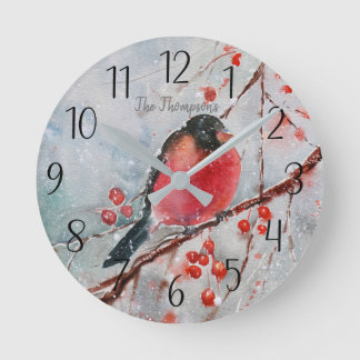 Personalised Red Bird Winter Scene Round Clock