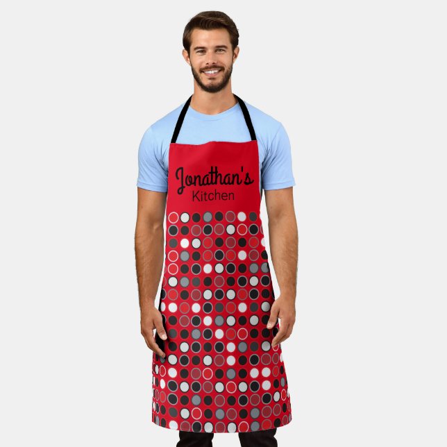 Personalised Red, Black And Grey Circles Apron (Worn)