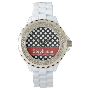 Personalised Red Black and White Polka Dot Watch