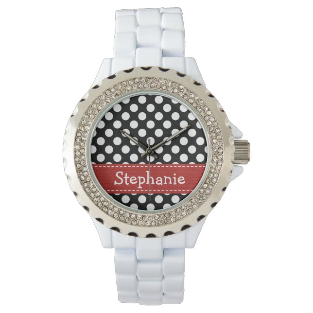 Personalised Red Black and White Polka Dot Watch (Front)