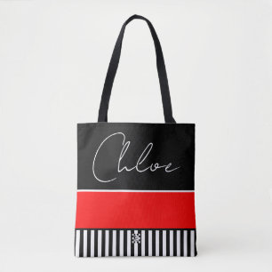 Personalised Red, Black-and-White-Striped Tote Bag
