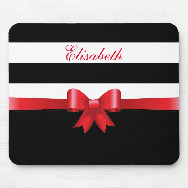 Personalised RED, Black Bold Stripes RED BOW Mouse Pad (Front)