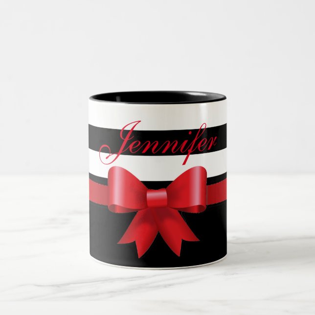 Personalised Red Black Bold Stripes red BOW Two-Tone Coffee Mug (Center)
