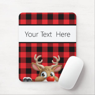 Personalised Red Black Buffalo Check Reindeer Mouse Pad