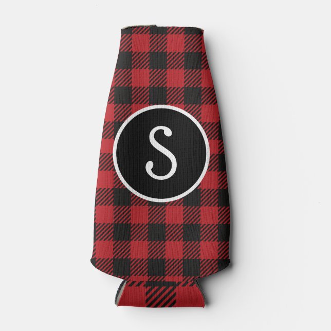 Personalised Red & Black Buffalo Plaid Monogram  Bottle Cooler (Front)