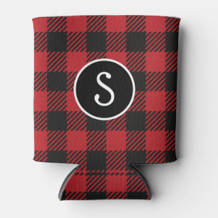 Personalised Red & Black Buffalo Plaid Monogram  Can Cooler