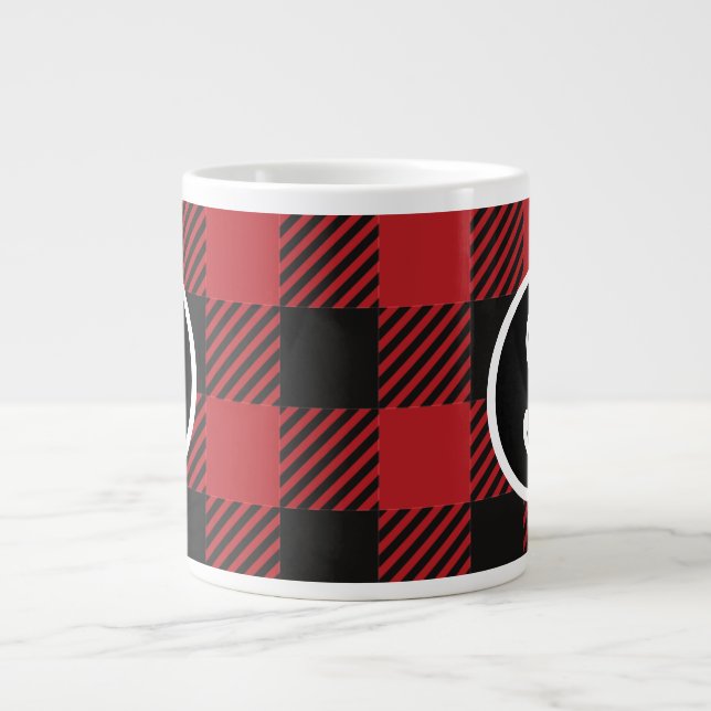 Personalised Red & Black Buffalo Plaid Monogram  Large Coffee Mug (Front)