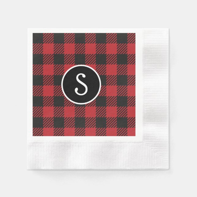 Personalised Red & Black Buffalo Plaid Monogram  Napkin (Front)