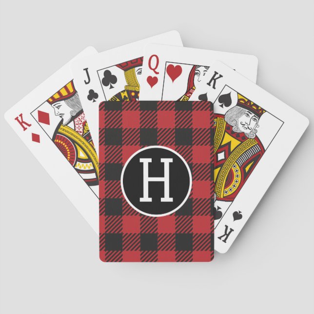Personalised Red & Black Buffalo Plaid Monogram  Playing Cards (Back)