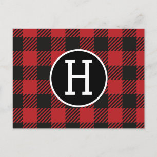Personalised Red & Black Buffalo Plaid Monogram  Postcard