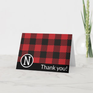 Personalised Red & Black Buffalo Plaid Monogram Thank You Card