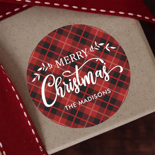 Personalised Red Black Christmas Plaid Classic Round Sticker (Creator Uploaded)