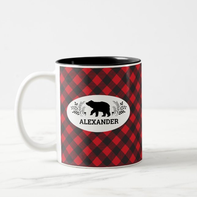 Personalised Red Black Lumberjack Bear Mug (Left)