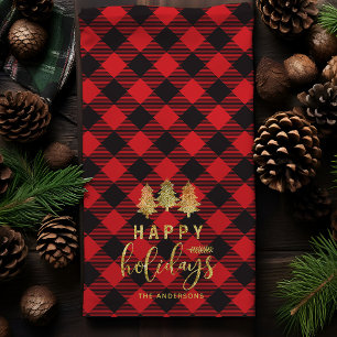 Personalised Red Black Plaid Happy Holidays Tea Towel