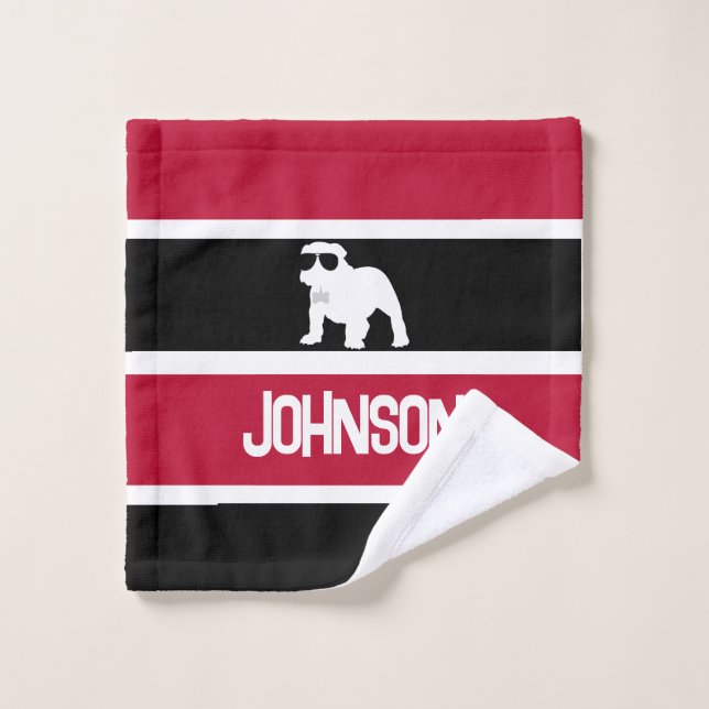Personalised Red Black White Striped Bulldog Pup Bath Towel Set (Wash Cloth)