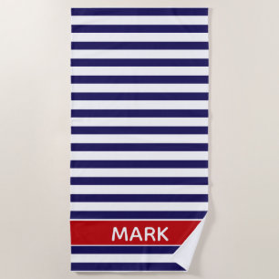 Personalised Red Blue And White Cabana Stripe Beach Towel