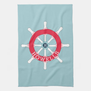 Personalised Red Blue Nautical Ship Wheel Monogram Tea Towel