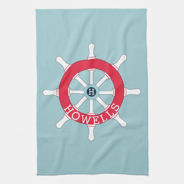 Personalised Red Blue Nautical Ship Wheel Monogram Tea Towel (Vertical)