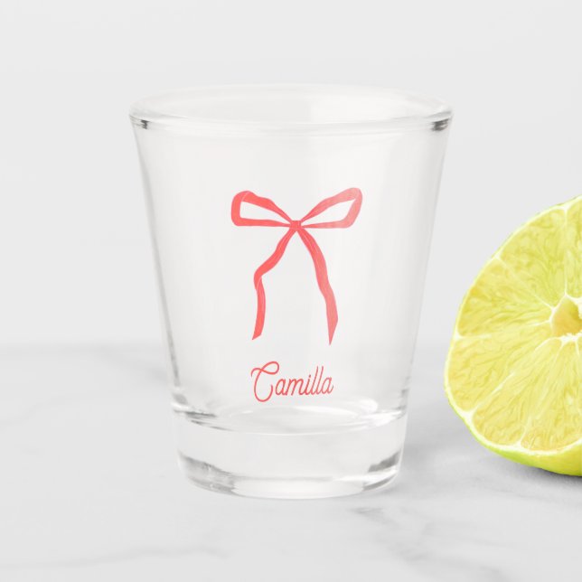 Personalised Red Bow Christmas Party Favour Shot Glass (Front)
