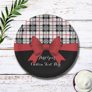 Personalised Red Bow Ribbon Black Tartan Plaid Paper Plate