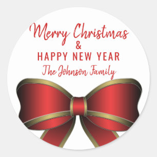 Personalised Red Bow White MERRY CHRISTMAS Tree Classic Round Sticker