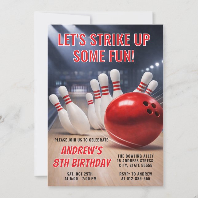 Personalised RED Bowling birthday Invitation (Front)