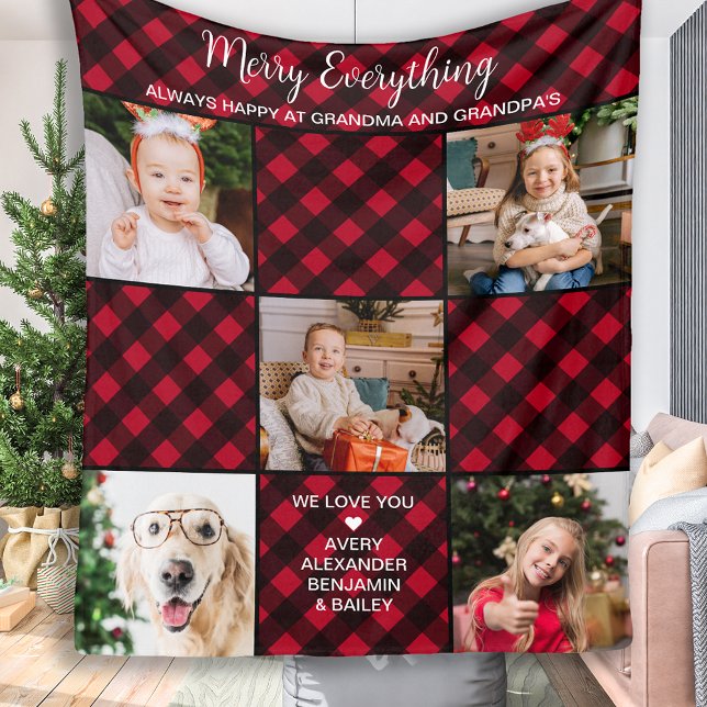 Personalised Red Buffalo Plaid 5 Photo Collage Fle Fleece Blanket (Creator Uploaded)