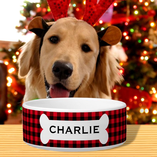 Personalised Red Buffalo Plaid Christmas Dog  Bowl (Creator Uploaded)