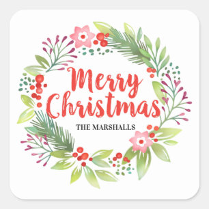 Personalised Red Christmas Wreath Square Sticker