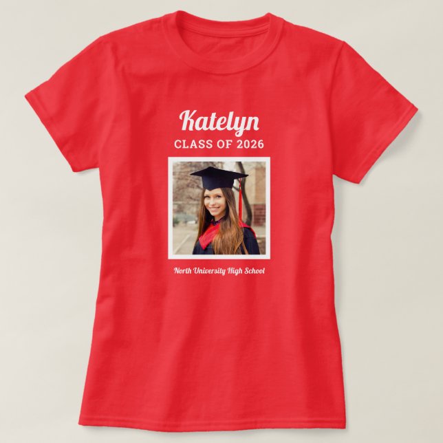 Personalised Red Class of 2025 Graduation Photo T-Shirt (Design Front)