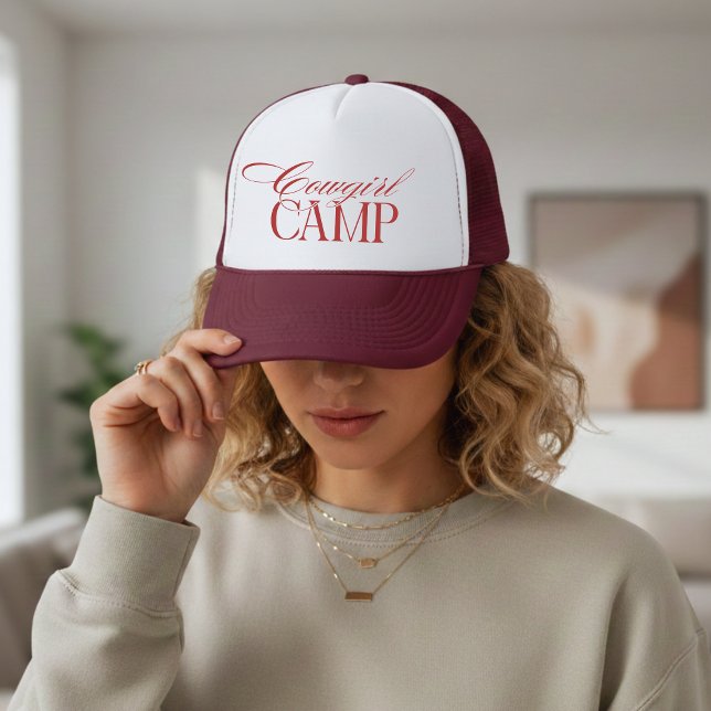 Personalised Red Cowgirl Camp Bachelorette Trucker Hat (Western Cowgirl Camp Red Bachelorette Trucker Hat)
