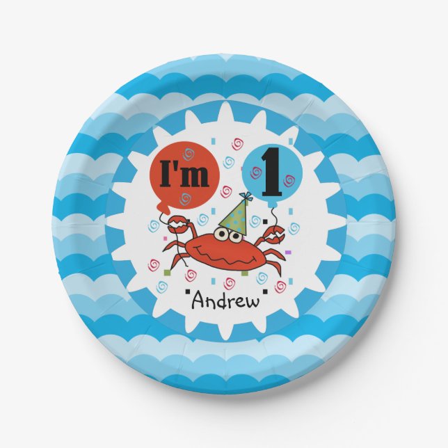 Personalised Red Crab 1st Birthday Paper Plates (Front)