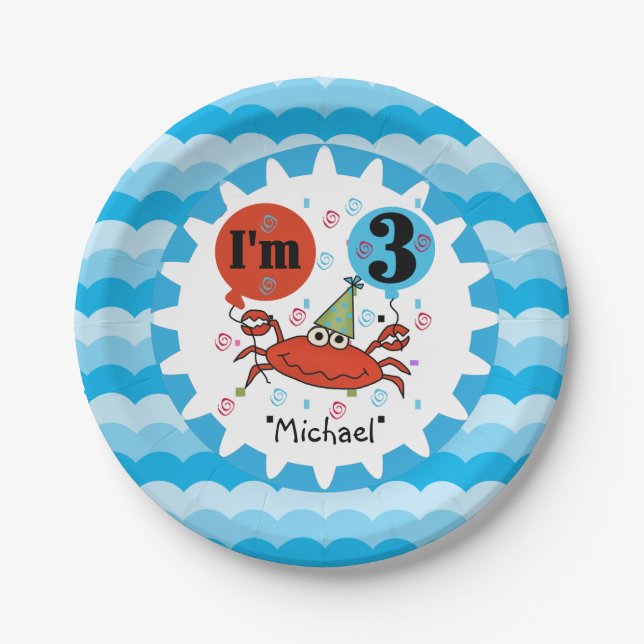 Personalised Red Crab 3rd Birthday Paper Plates (Front)