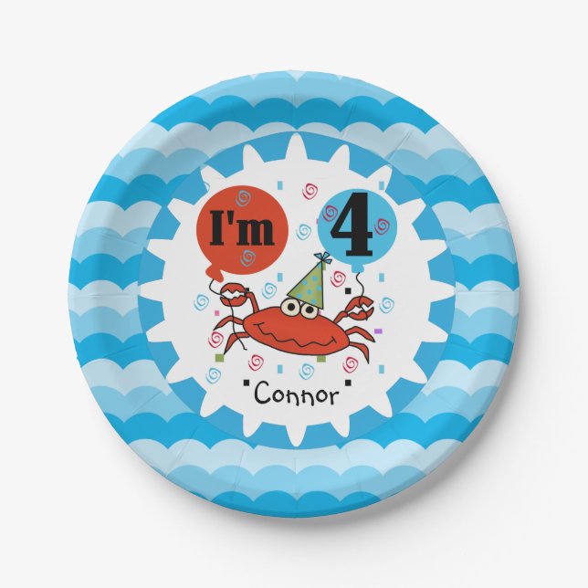 Personalised Red Crab 4th Birthday Paper Plates (Front)
