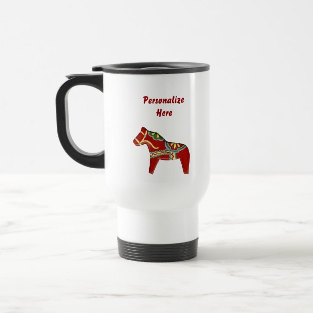 Personalised Red Dala Horse travel mug (Left)