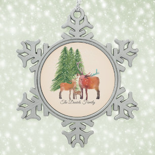 Personalised Red Deer Family Snowflake Pewter Christmas Ornament
