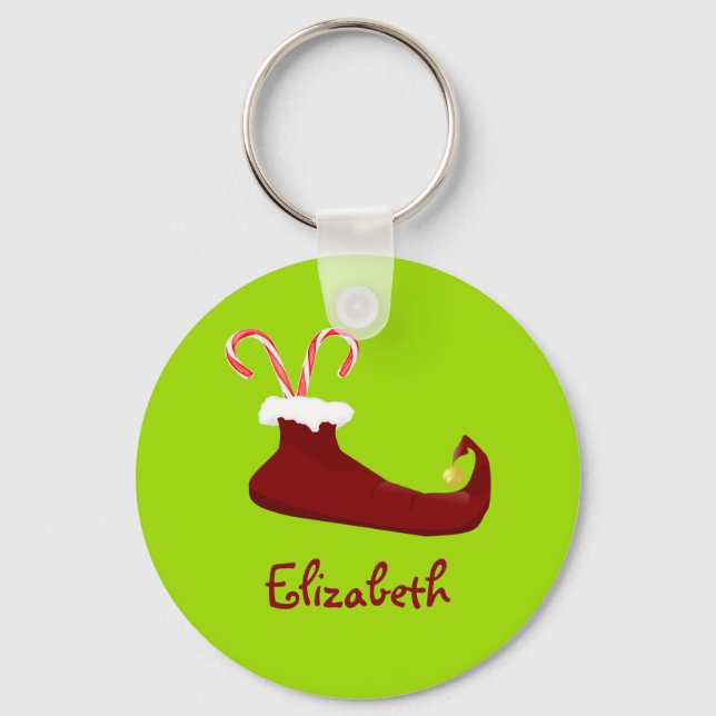 Personalised Red Elf Shoe filled with Candy Canes Key Ring (Front)