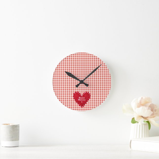 Personalised Red Felt Heart Gingham Mother's Day Round Clock (Home)