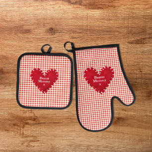 Personalised Red Felt Heart Mother's Day Oven Mitt & Pot Holder Set