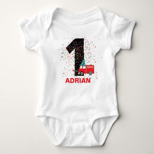 Personalised Red Fire Truck Birthday Party  Baby Bodysuit (Front)