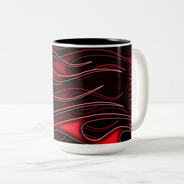 Personalised Red Flames Two-Tone Coffee Mug (Front Right)