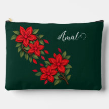 Personalised Red Floral Emerald Green Makeup Bag