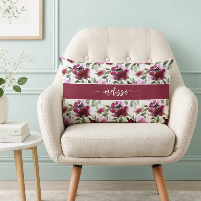 Personalised Red Floral Lumbar Cushion (personalized burgundy red floral lumbar pillow with custom name monogram)