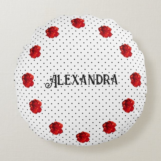 Personalised Red Floral Polka Dot Round Cushion (Front)