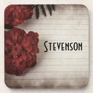 Personalised Red Flower on Lined Paper Autumn Coaster